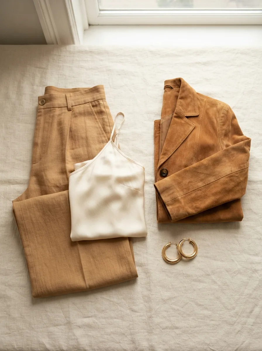 Flat-lay of camel wide-leg trousers, a cream silk cami, and a folded rust suede blazer with gold hoop earrings