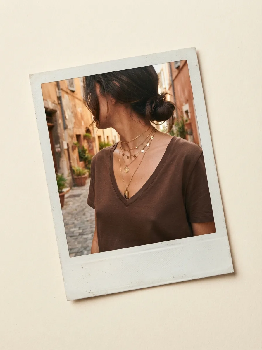 Stylized polaroid-style close-up of a woman in a brown v-neck tee wearing layered gold necklaces with coin pendants, walking down a sunlit alley