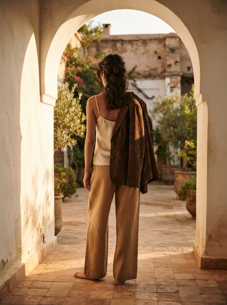 Back view of a woman standing under a carved Moroccan archway wearing a rust suede jacket over her shoulders, a cream silk cami, and wide-leg camel linen trousers