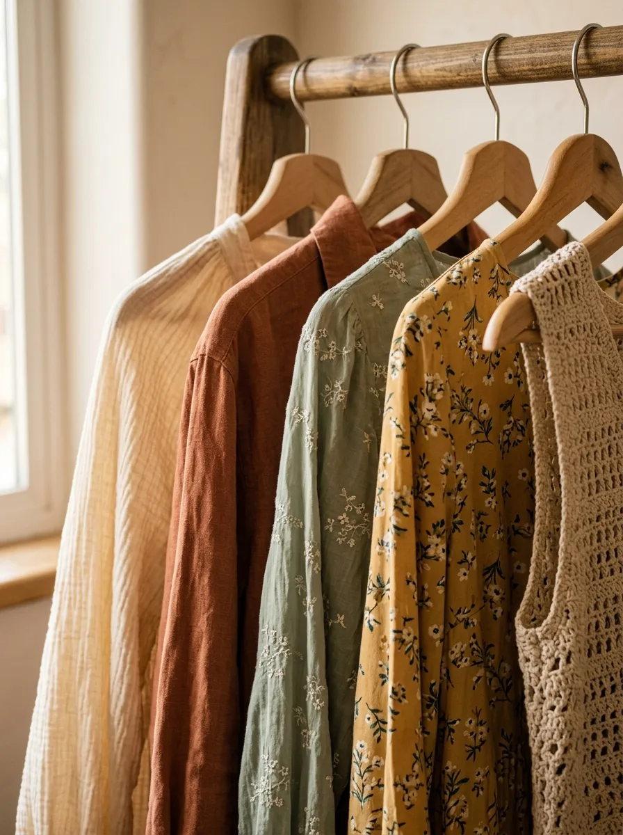 Close-up of a wooden rail of garments in cream crinkled gauze, rust linen, sage voile with white embroidery, a mustard floral print and a natural crochet vest.