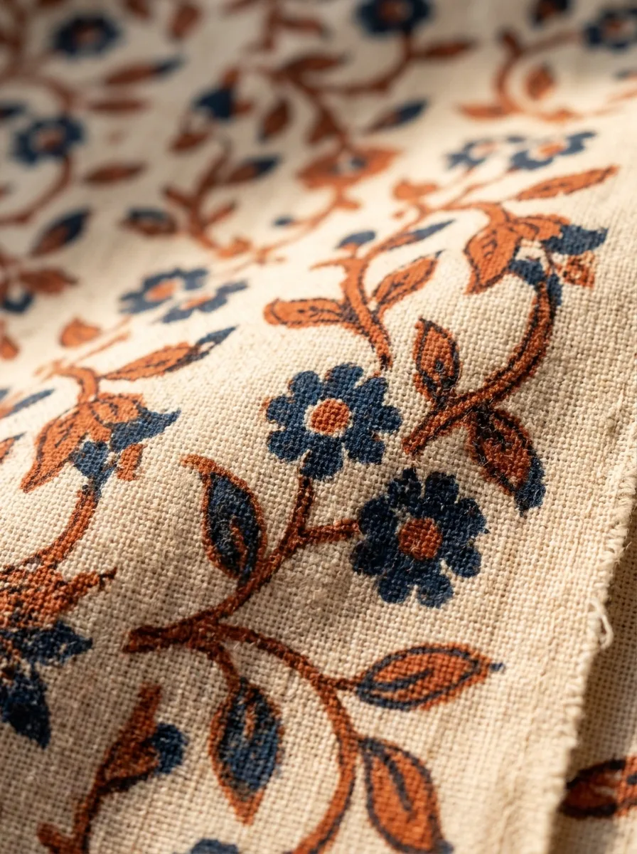 Macro of hand-block-printed cotton with a rust and indigo floral vine motif, showing slight variations in ink and a frayed edge.
