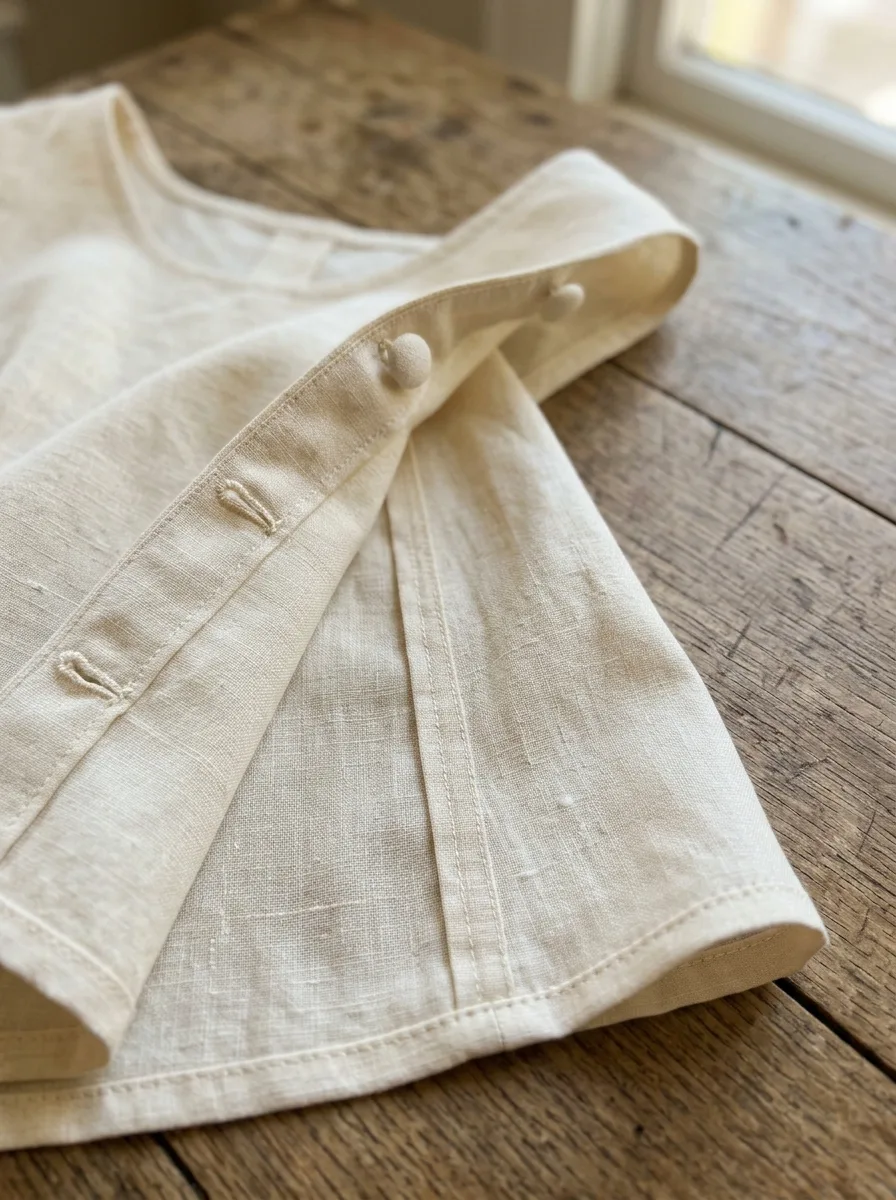 Cream linen garment laid on a wooden table, showing covered fabric buttons, hand-worked loop buttonholes, a neat pleat and clean topstitched hems.