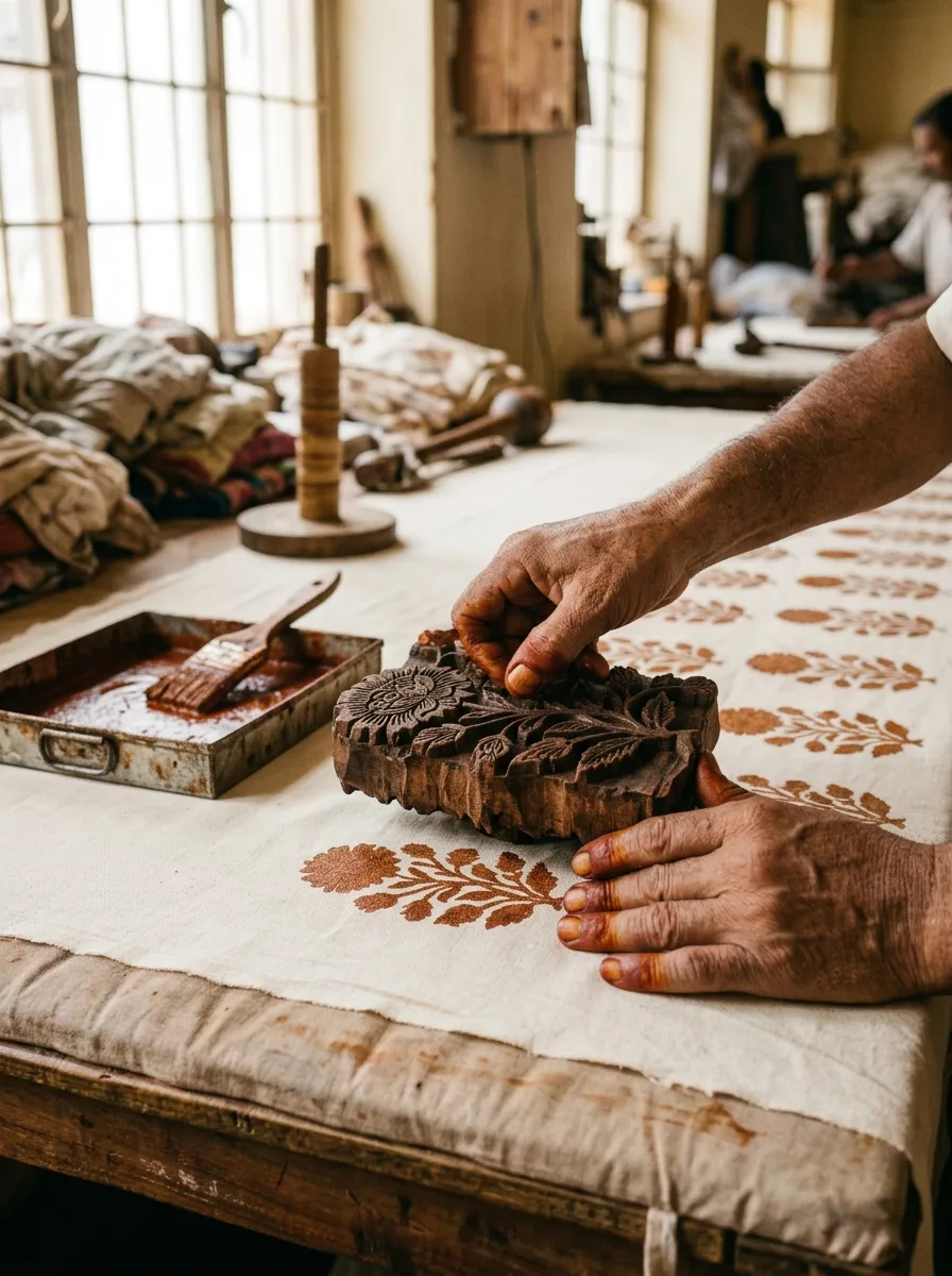 Artisan's dye-stained hands pressing a hand-carved wooden printing block onto cream cotton, with rows of rust floral prints already finished and a tray of dye beside it.
