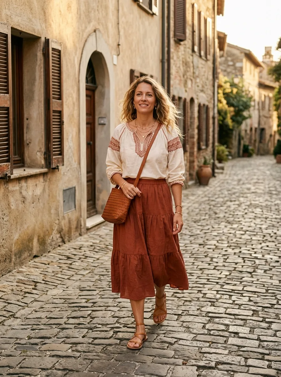 Woman walking a cobblestone street in a cream peasant blouse with rust embroidery, a rust tiered midi skirt, a woven leather crossbody bag and flat leather sandals.