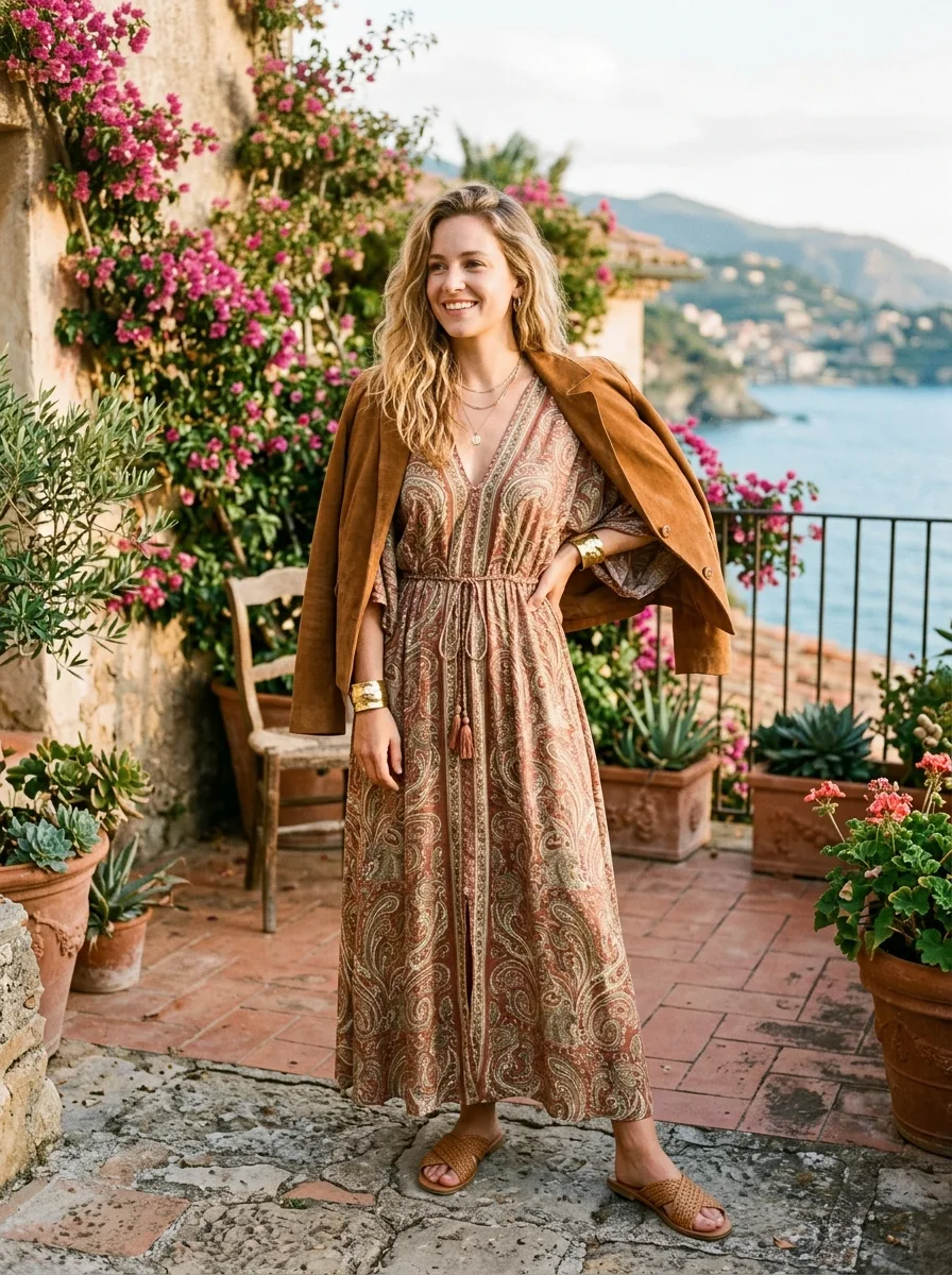 Smiling woman on a seaside villa terrace in a rust and cream paisley maxi dress with a tasseled tie waist, a caramel suede jacket over her shoulders and gold cuff bracelets.