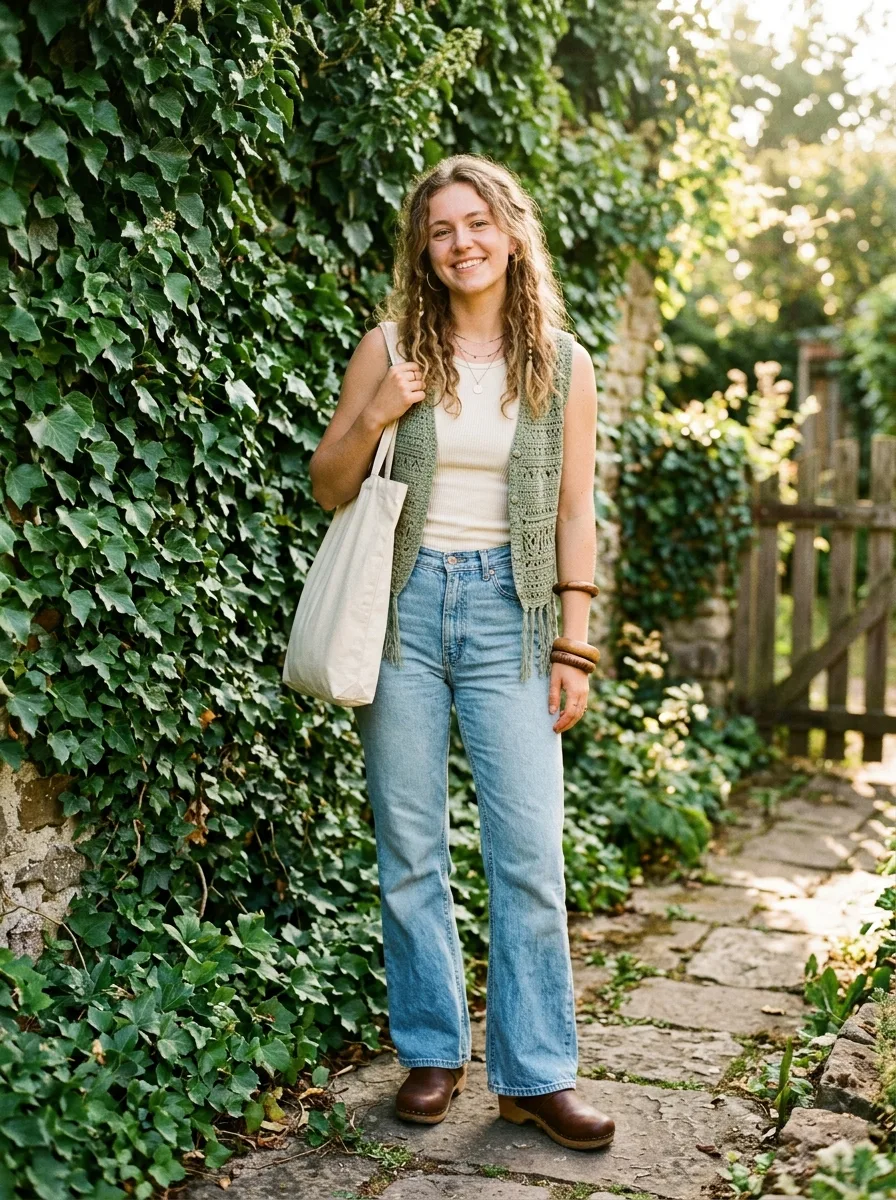 Smiling woman by an ivy-covered wall in vintage light-wash flared jeans, a cream ribbed tank, a sage crochet vest with fringe, wooden bangles, brown clogs and a plain canvas tote.