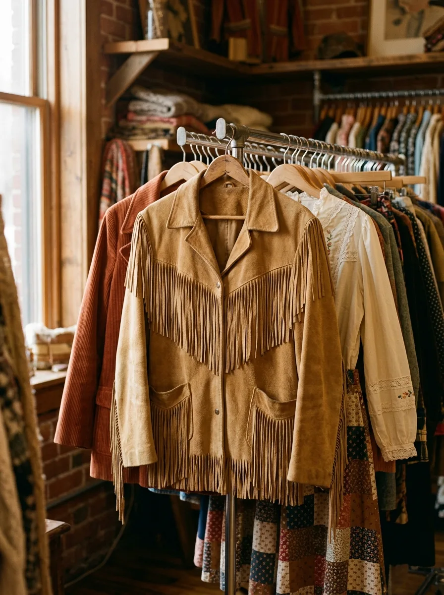 Vintage tan suede fringe jacket on a wooden hanger at the front of a secondhand rack, with a rust corduroy jacket, a lace-trimmed prairie blouse and a patchwork skirt behind.