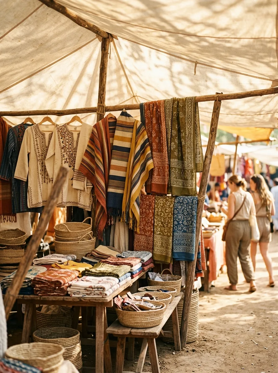 Open-air artisan market stall under a canvas awning with embroidered cotton tunics, striped woven shawls, block-printed scarves and woven baskets.