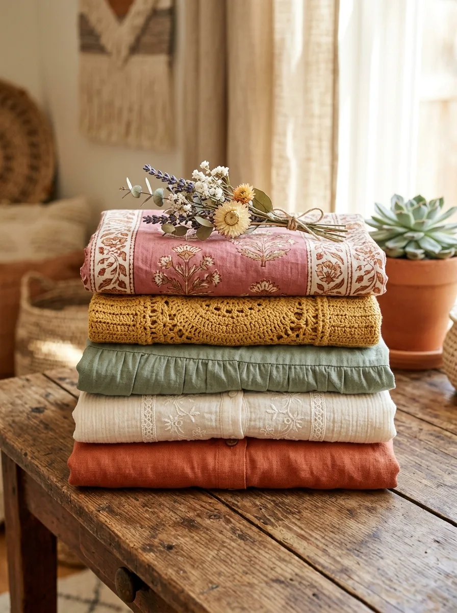 Stack of folded boho garments on a rustic wooden table: a rose block-printed piece, a mustard crochet knit, a sage ruffled piece, a cream embroidered gauze blouse and a terracotta linen shirt, topped with dried flowers.