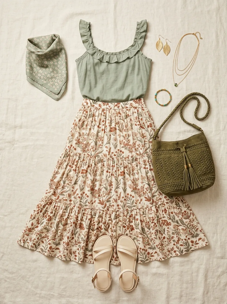 Head-to-toe boho outfit flat-lay with a sage ruffled cami, floral tiered skirt, olive suede bag, gold jewelry and cream sandals.