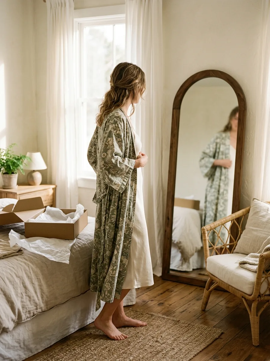 Woman seen from the side trying on a long sage and cream printed kimono over a cream slip dress in front of an arched wooden mirror, with an open cardboard box and tissue paper on the bed.