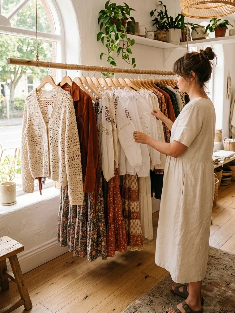 Woman in a cream linen dress browsing a wooden rail of a crochet cardigan, a rust suede jacket, embroidered white blouses and printed tiered skirts in a sunlit whitewashed boutique with an arched window.