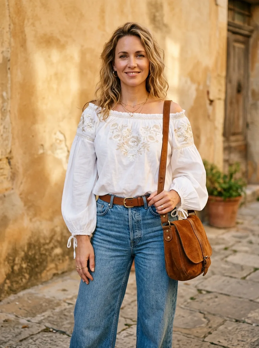 Smiling woman against a sun-washed ochre wall in a white off-shoulder peasant blouse with cream floral embroidery and balloon sleeves, tucked into wide-leg jeans with a brown belt and a suede saddle bag.