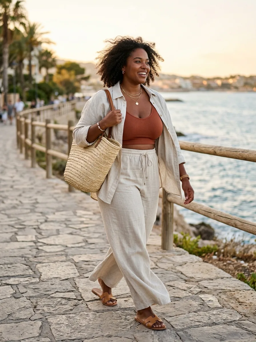 Curvy woman on a seaside promenade in wide-leg oatmeal linen drawstring trousers and an open linen shirt over a rust ribbed tank, with a straw tote and tan sandals.