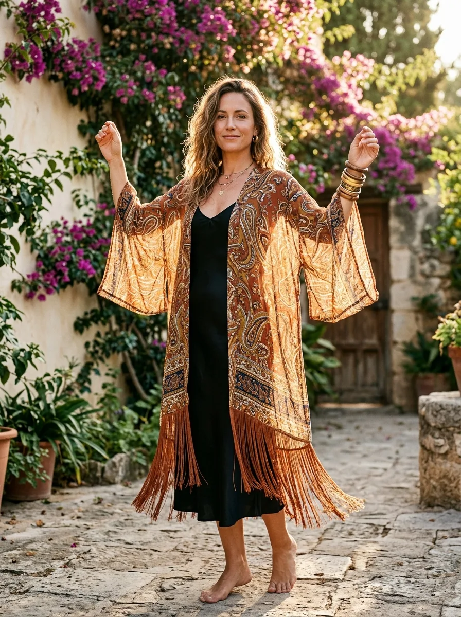 Woman with arms raised in a long rust and gold paisley kimono with a deep fringed hem, worn open over a black slip dress in a courtyard with bougainvillea.