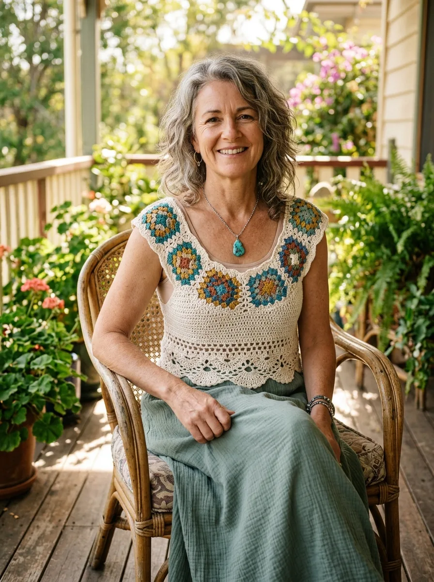 Smiling woman in her fifties with silver-streaked wavy hair in a cream crochet top with a granny-square yoke over a camisole and a long sage gauze skirt, seated on a rattan chair on a porch.