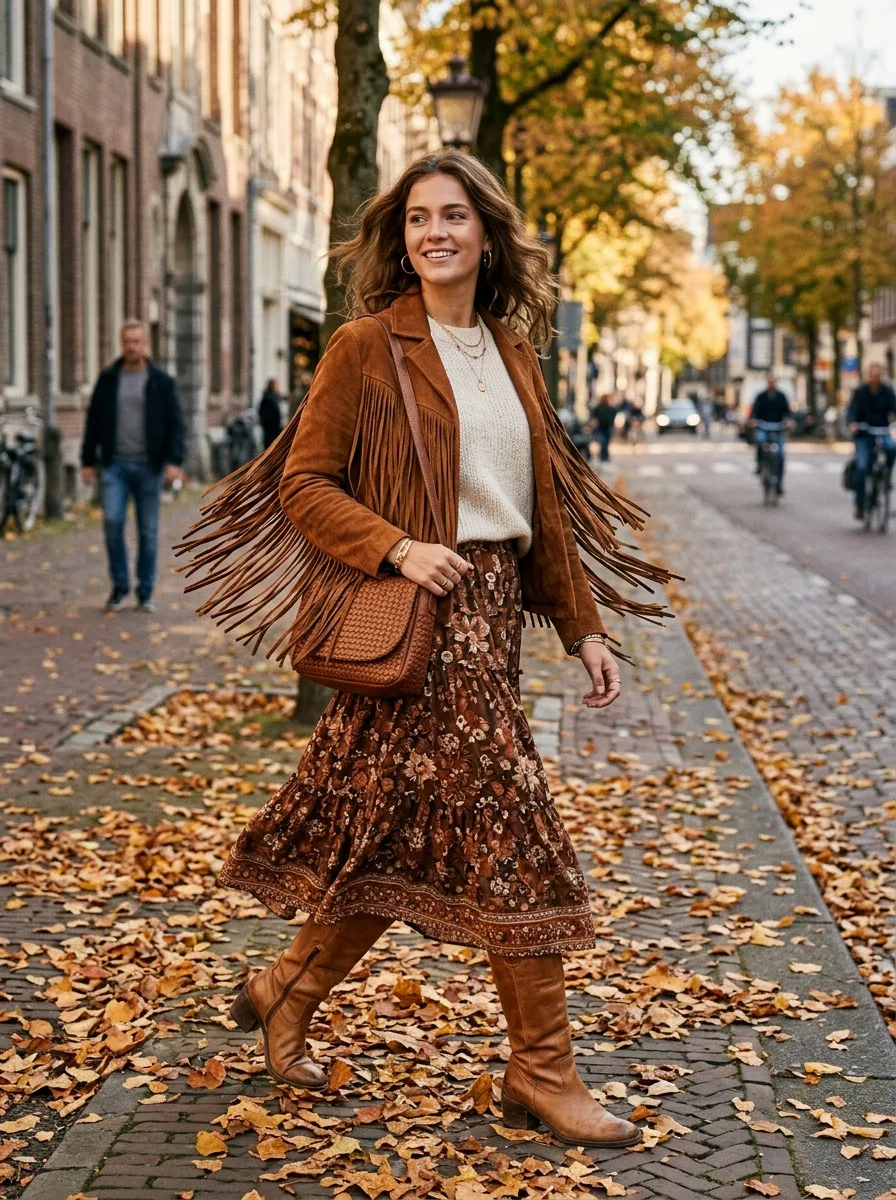 Woman on an autumn sidewalk in a cognac suede fringe jacket over a cream knit sweater, a brown floral tiered midi skirt, a woven leather crossbody bag and tan knee-high boots.