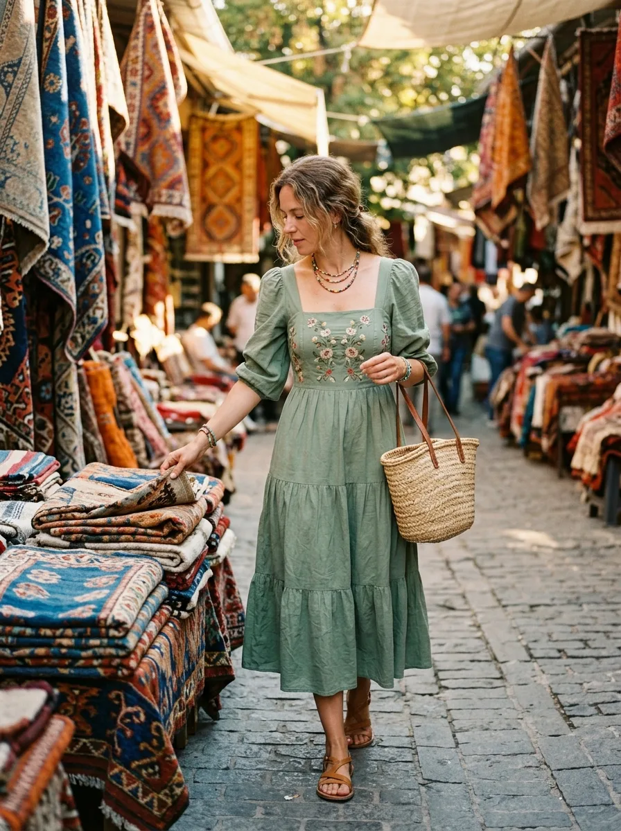 Woman at an outdoor rug and textile market in a sage embroidered midi dress with puff sleeves and a tiered skirt, layered beaded necklaces and a straw basket bag.