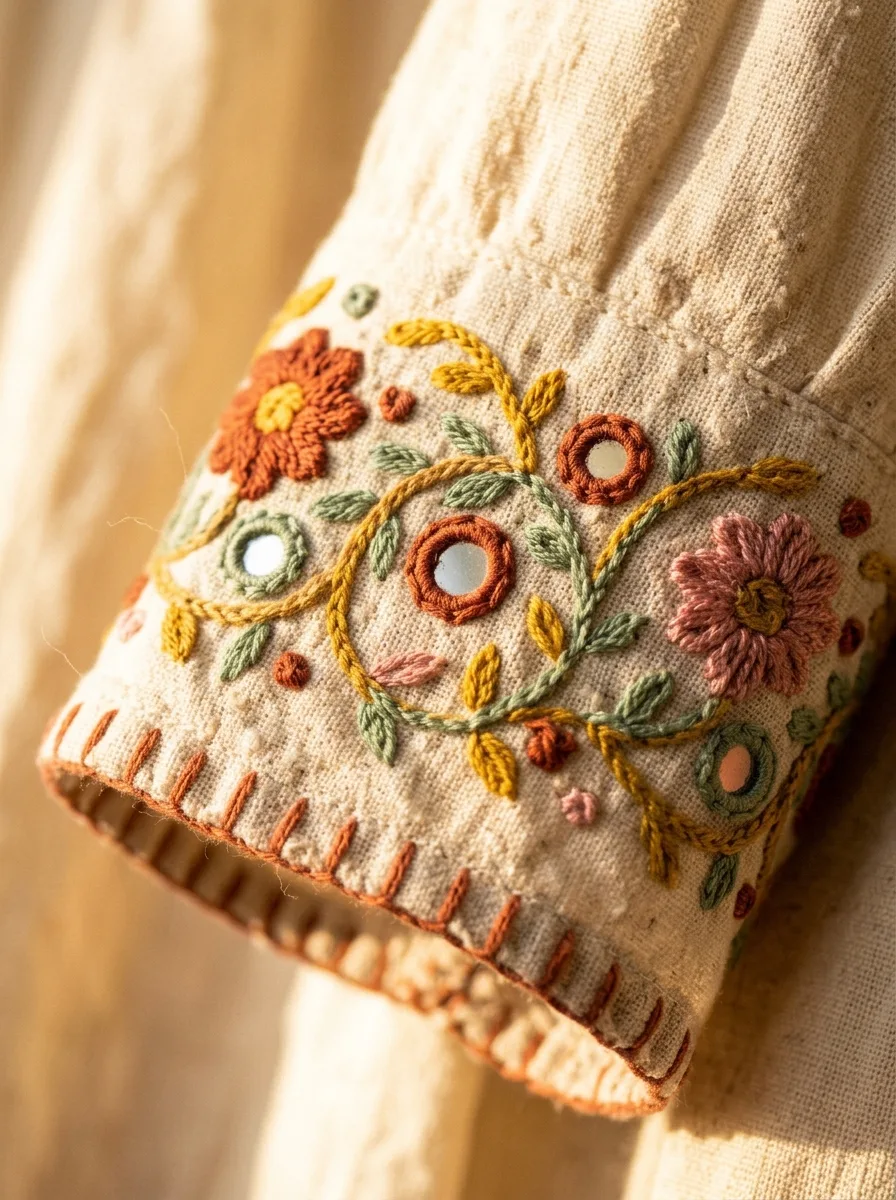 Macro of hand-stitched flowers, vines and small mirror discs in terracotta, mustard, sage and rose thread on a natural cotton sleeve cuff with a blanket-stitched edge.
