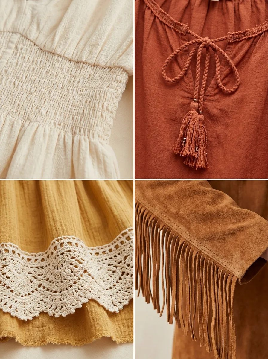 Four-panel grid of smocked shirring on a cream blouse, a braided tasseled neckline tie on a rust top, a crochet lace hem on a mustard gauze skirt and long fringe on a suede sleeve.