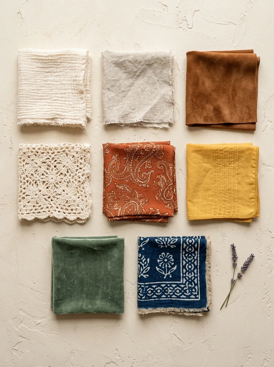 Flat-lay of fabric swatches in cotton gauze, linen, suede, crochet, paisley rayon, mustard pintucked voile, sage velvet and block-printed indigo.