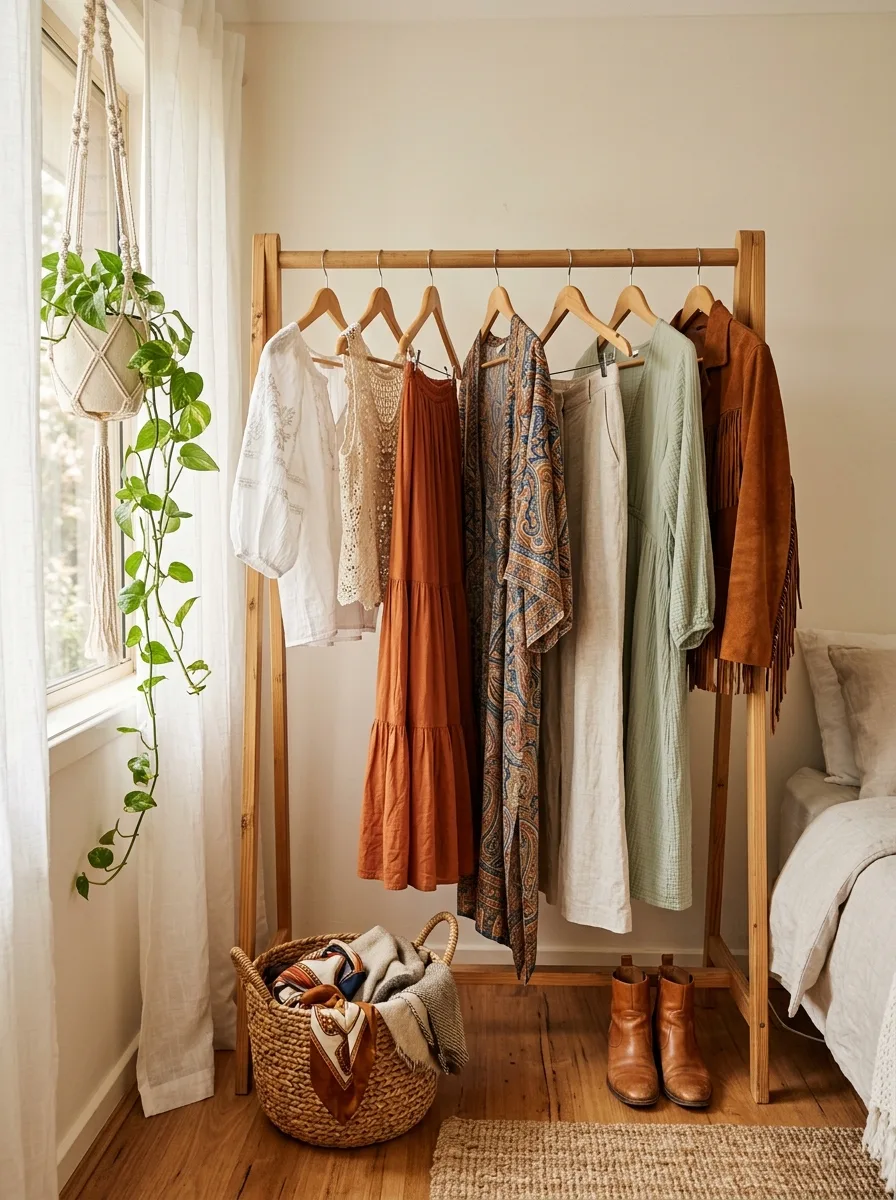 Wooden clothing rail holding a white peasant blouse, a crochet top, a rust tiered maxi skirt, a paisley kimono, linen wide-leg trousers, a sage gauze dress and a suede fringe jacket, with tan boots and a basket of scarves below.