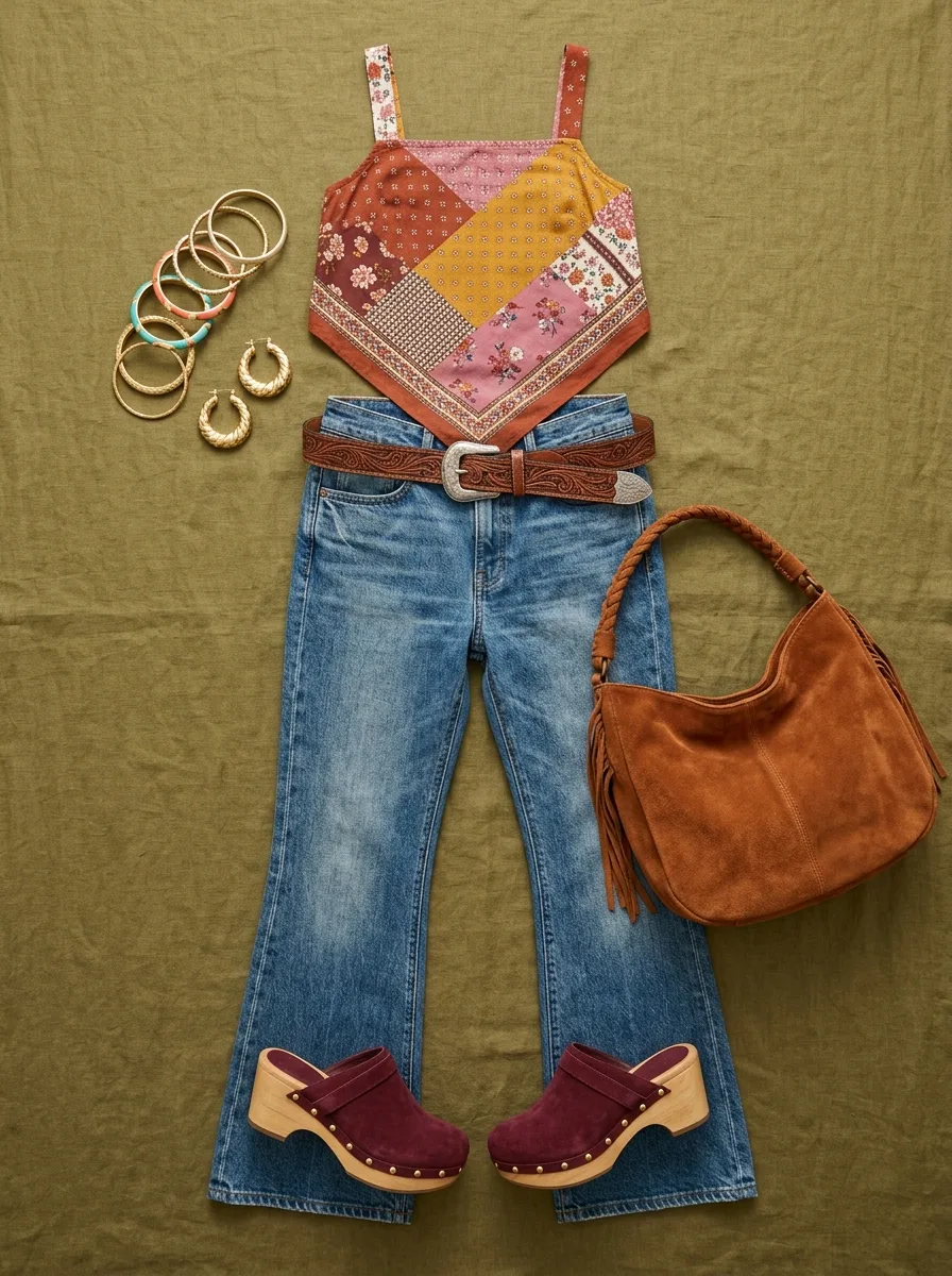 Flat-lay of a patchwork handkerchief-hem top, flared jeans, a tooled leather belt, a suede fringe hobo bag, burgundy suede clogs, gold hoops and stacked bangles on olive linen.