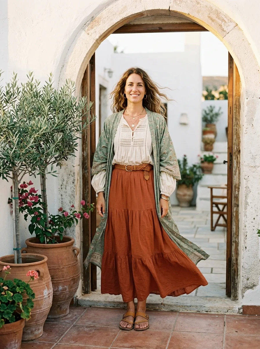 Smiling woman in an arched whitewashed doorway wearing a cream pintucked peasant blouse, a rust tiered maxi skirt, an open sage block-printed kimono, a woven leather belt and tan sandals, beside potted olive trees.