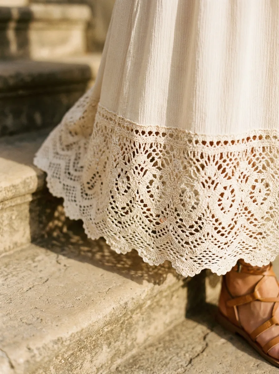 Close-up of a deep crochet lace hem on a cream cotton gauze maxi dress brushing worn stone steps, with tan strappy sandals just visible.