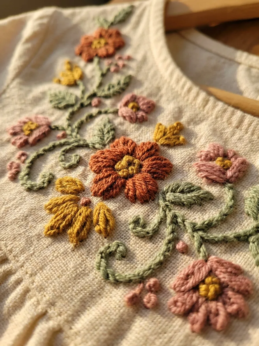 Macro of raised hand embroidery in rust, mustard, sage and rose thread on the cream cotton bodice of a boho dress.