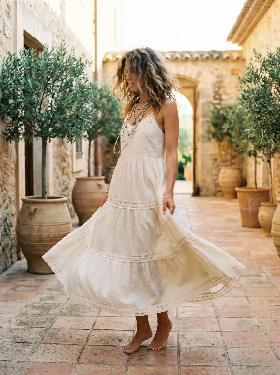 Woman twirling barefoot on terracotta tiles in a cream tiered maxi dress with lace insets, turquoise and beaded necklaces layered at her neck.