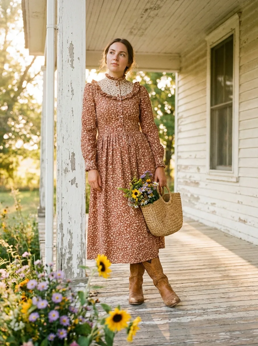 Woman on a farmhouse porch in a rust calico prairie dress with a ruffled cream yoke and long sleeves, western boots and a straw basket of wildflowers.
