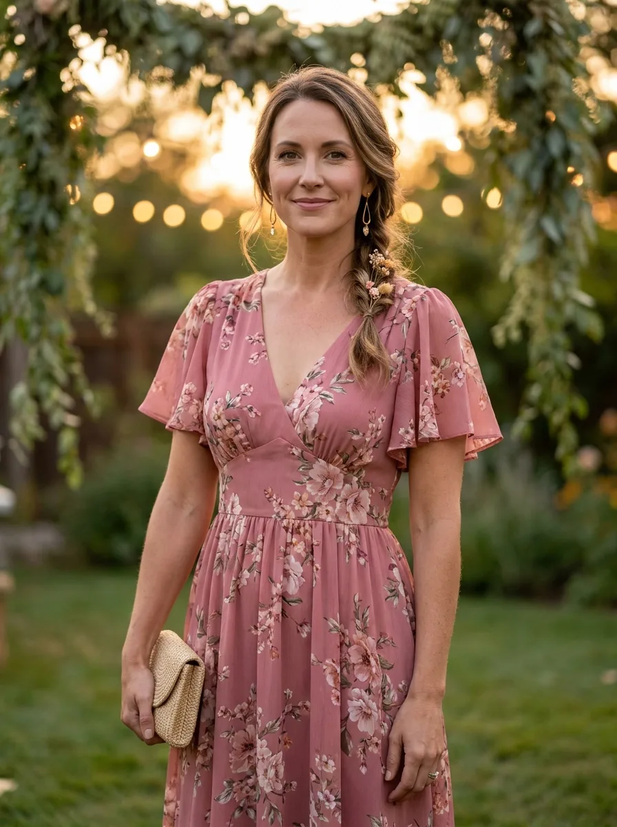 Wedding guest in a garden at golden hour wearing a rose floral chiffon dress with flutter sleeves, a straw clutch and a side braid with dried flowers.