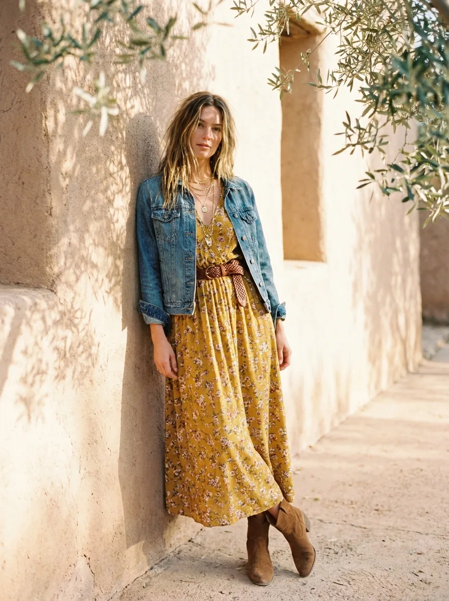 Woman leaning on an adobe wall in a mustard floral maxi dress with a denim jacket, a woven leather belt, layered necklaces and suede ankle boots.
