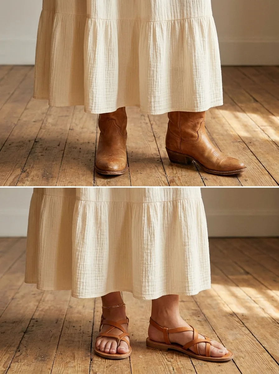 Two-panel comparison of a cream cotton gauze tiered maxi hem worn with tan western boots on top and strappy sandals with a gold anklet below.