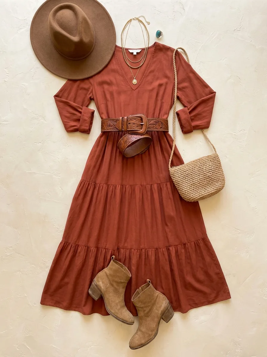 Flat-lay of a rust tiered maxi dress with a tooled leather belt, suede ankle boots, a straw crossbody bag, gold necklaces, a turquoise ring and a felt hat.