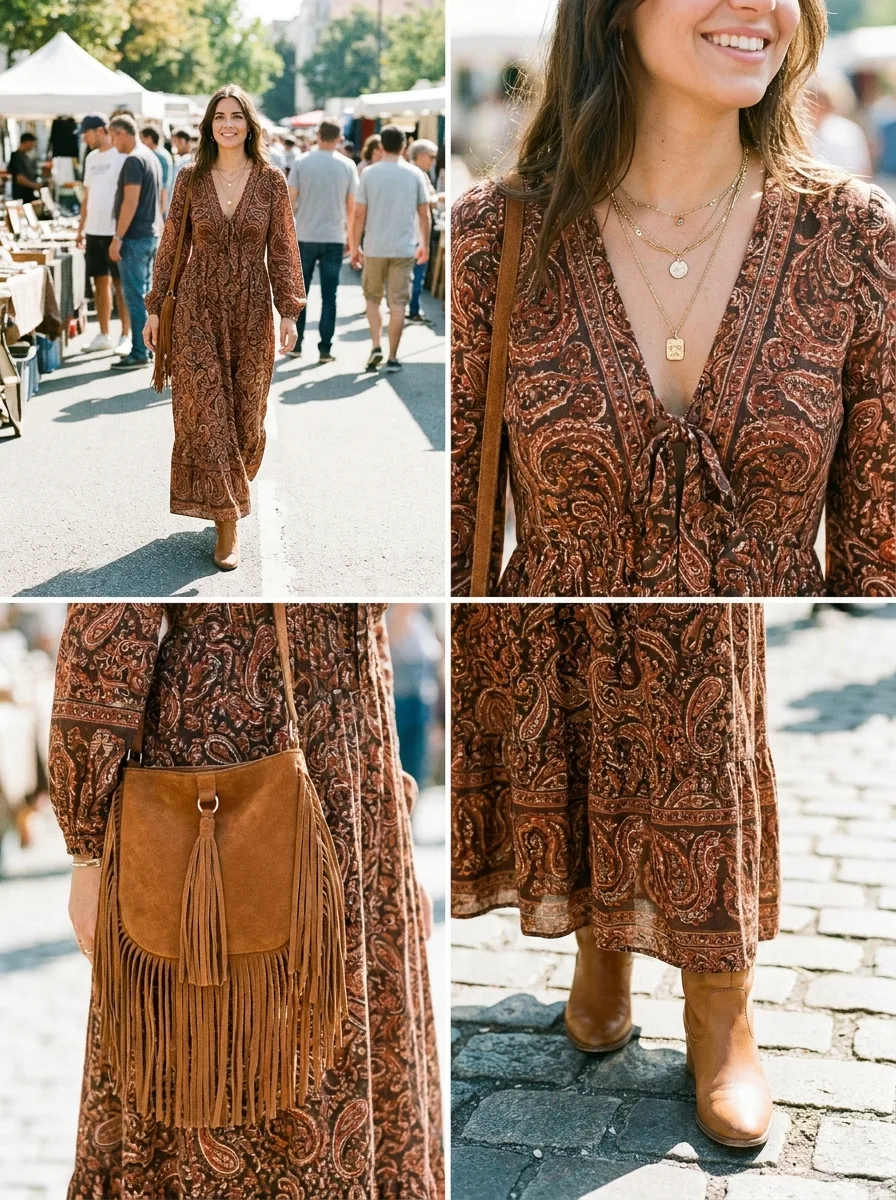 Four-panel grid of a brown paisley maxi dress at a flea market: full-length, layered gold necklaces, a suede fringe bag and tan boots on cobblestones.