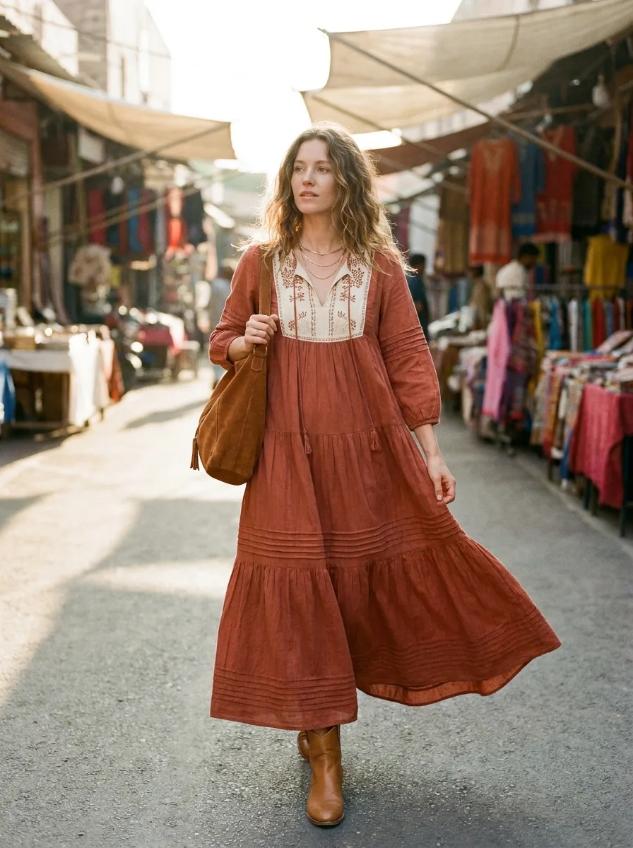 Woman walking through a sunlit market street in a rust tiered maxi dress with a cream embroidered yoke, a suede shoulder bag and tan ankle boots.