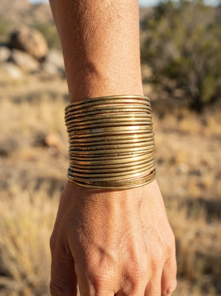 Macro close-up of dozens of thin brass bangles stacked solid on a wrist against a desert backdrop
