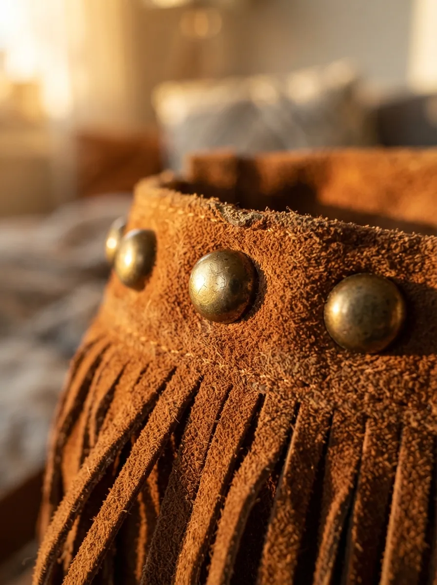 Macro close-up of antiqued brass studs on a fringed suede bag strap catching warm light