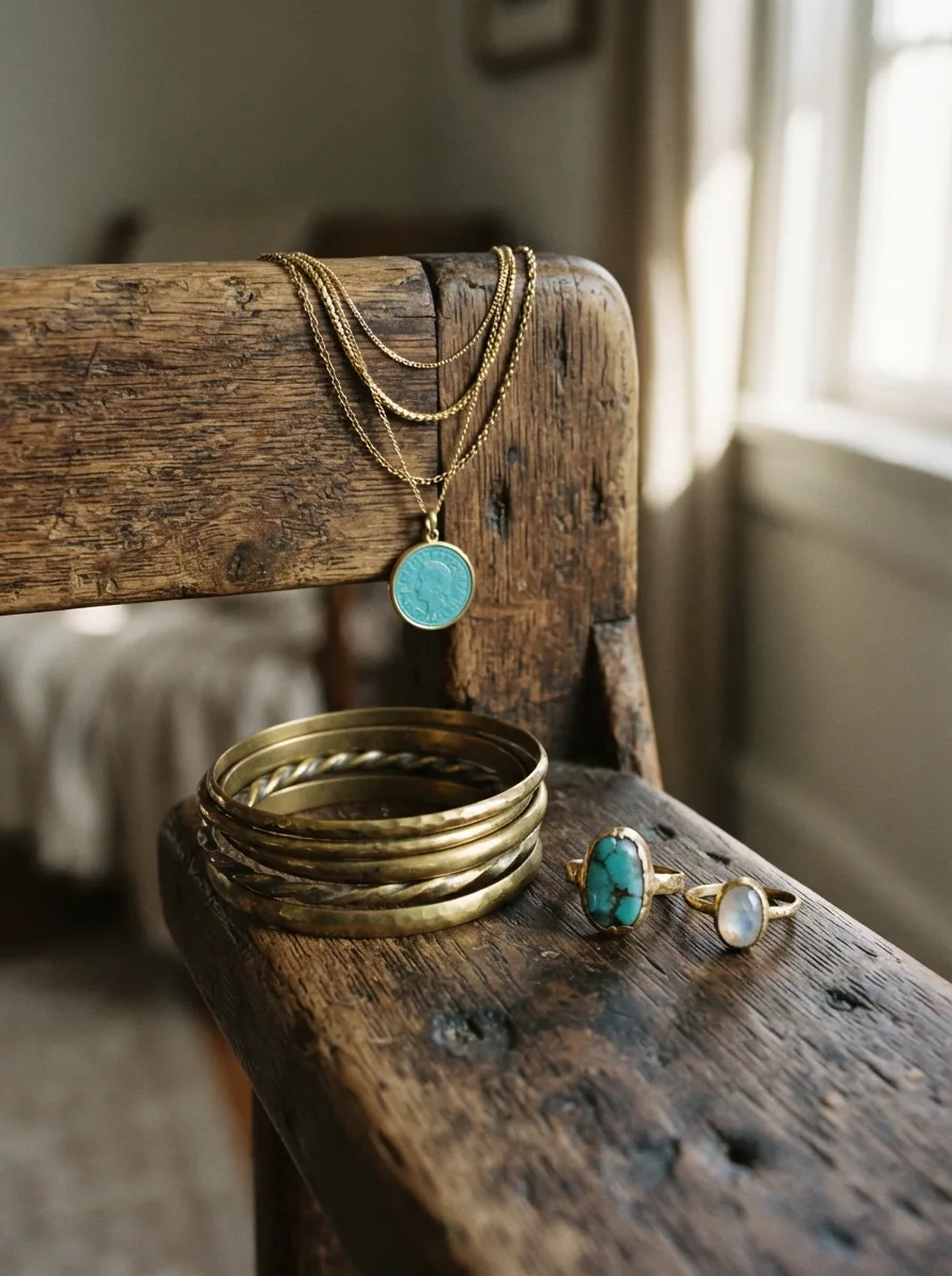 Flat-lay of a turquoise coin necklace, a stack of hammered brass bangles, and two gemstone rings arranged on a weathered wooden chair