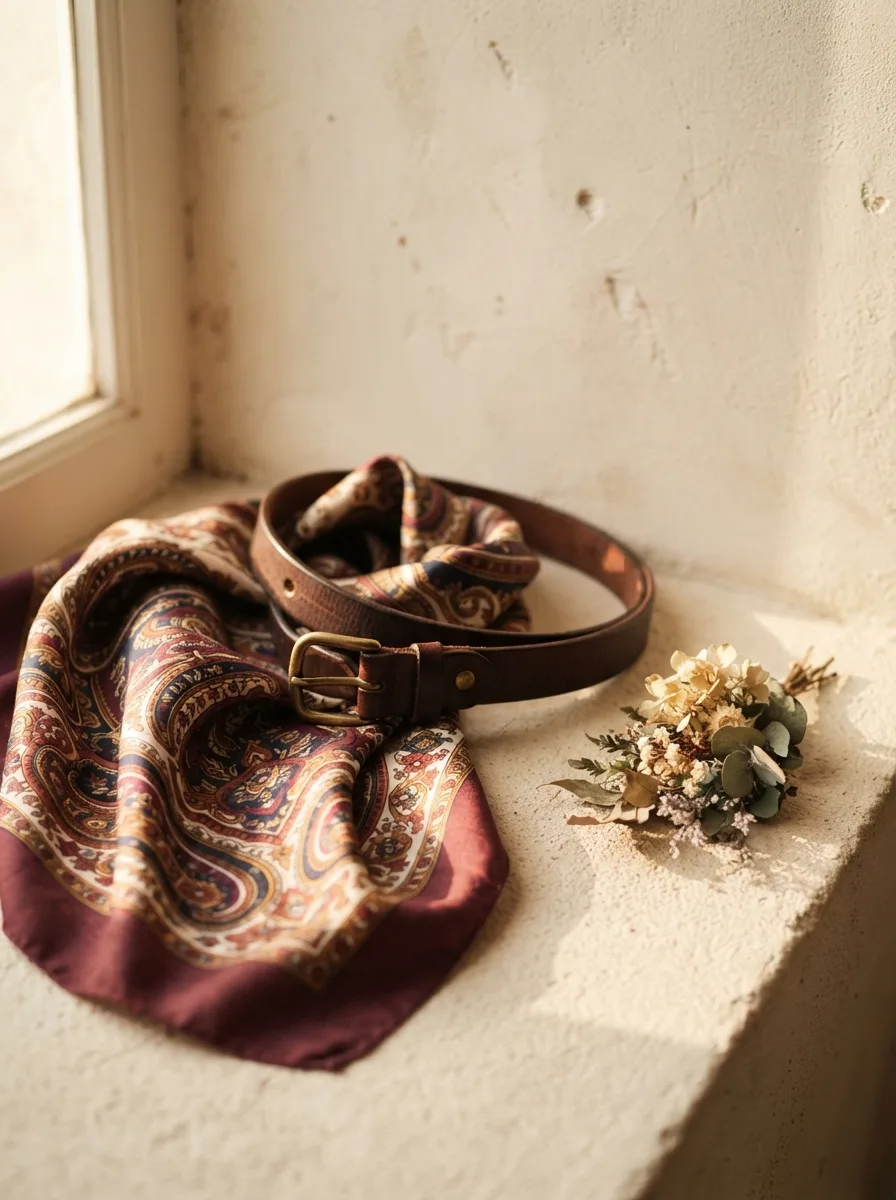 A tooled brown leather belt with a brass buckle laid over a paisley silk scarf and a small dried flower sprig