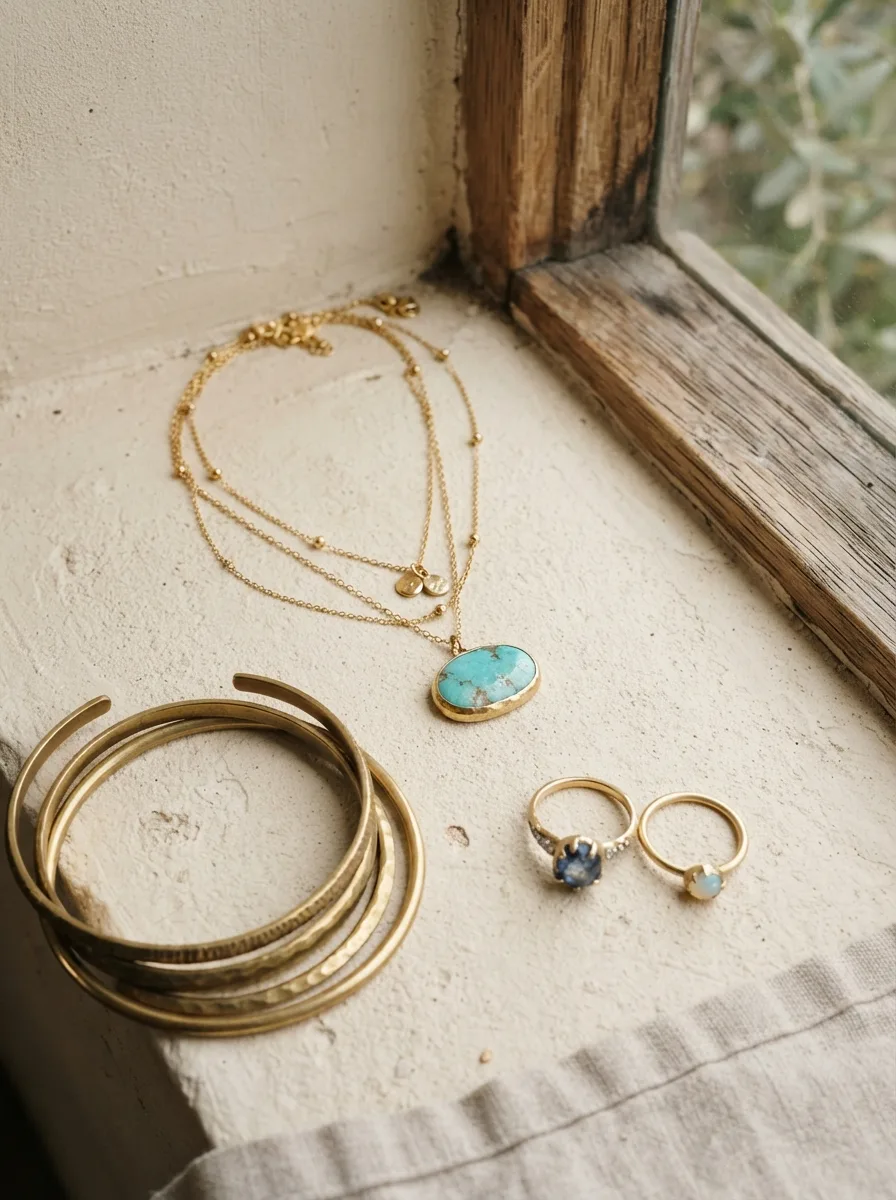 Layered gold necklaces with a turquoise pendant, a stack of brass bangles, and two gemstone rings arranged on a windowsill