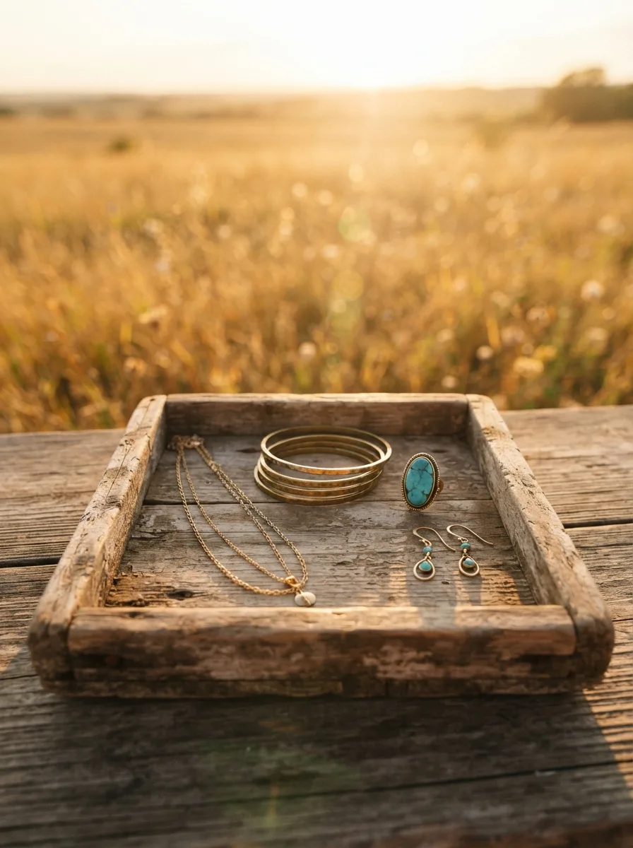 Jewelry arranged on a small weathered wooden tray in a golden wheat field, including bangles, a ring, earrings, and a necklace