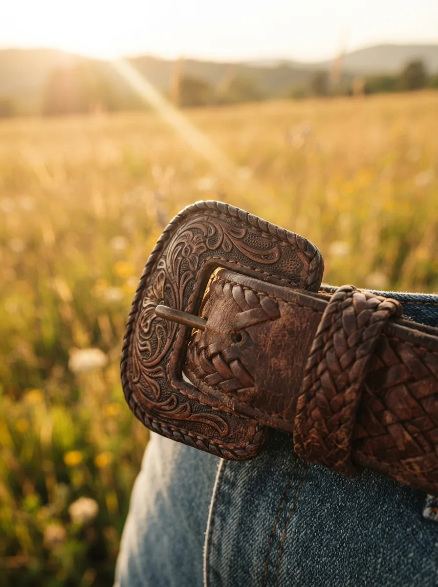 Macro close-up of a tooled leather belt with an ornate brass buckle against a golden field backdrop