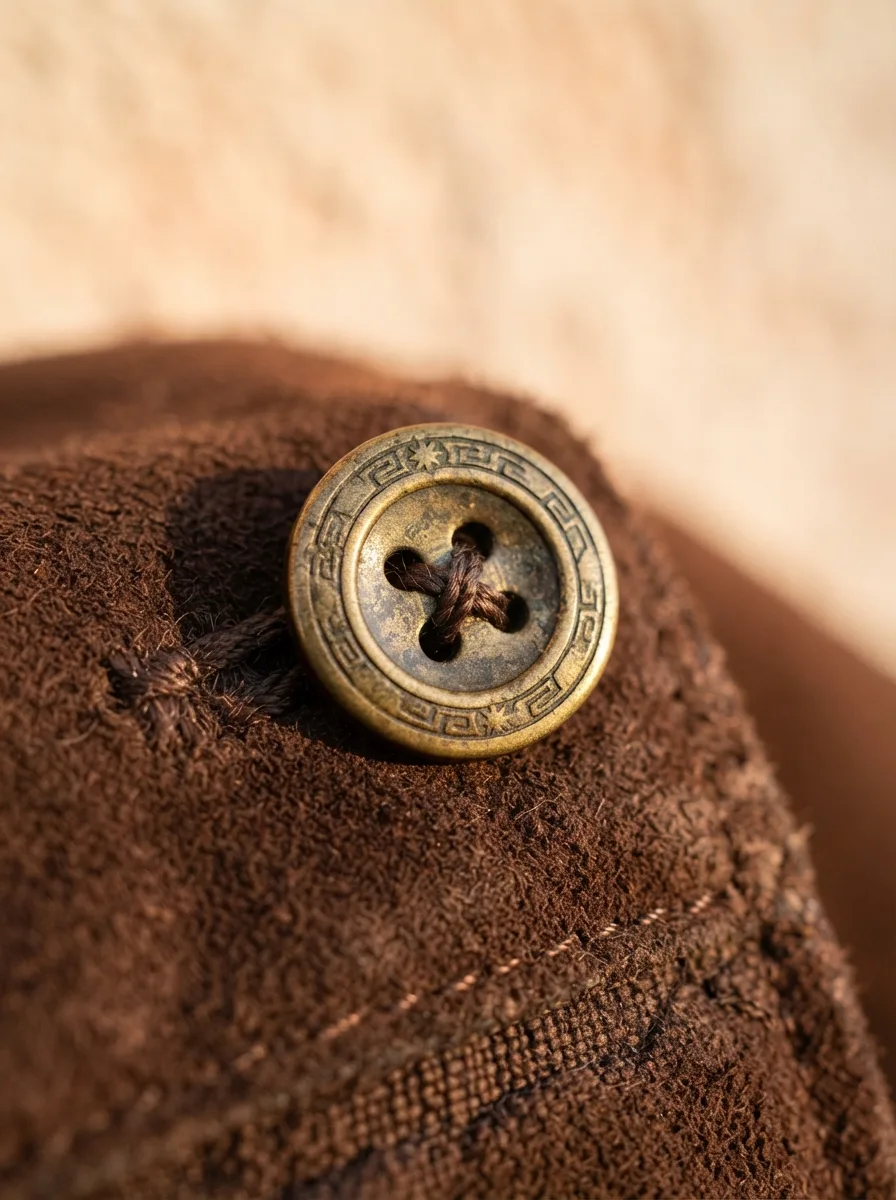 Macro close-up of an antiqued brass button with an engraved pattern on a suede jacket