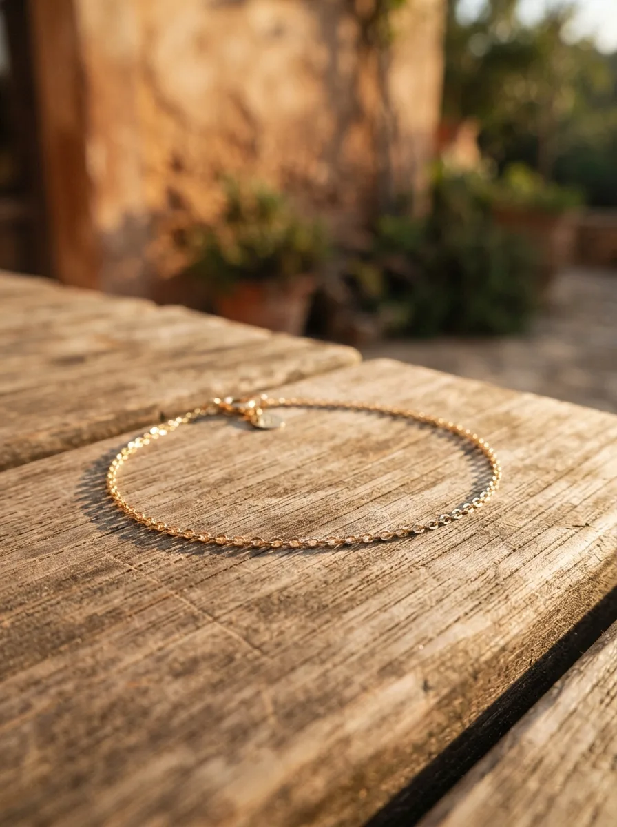 Close-up of a delicate gold chain anklet resting on a sunlit wooden deck