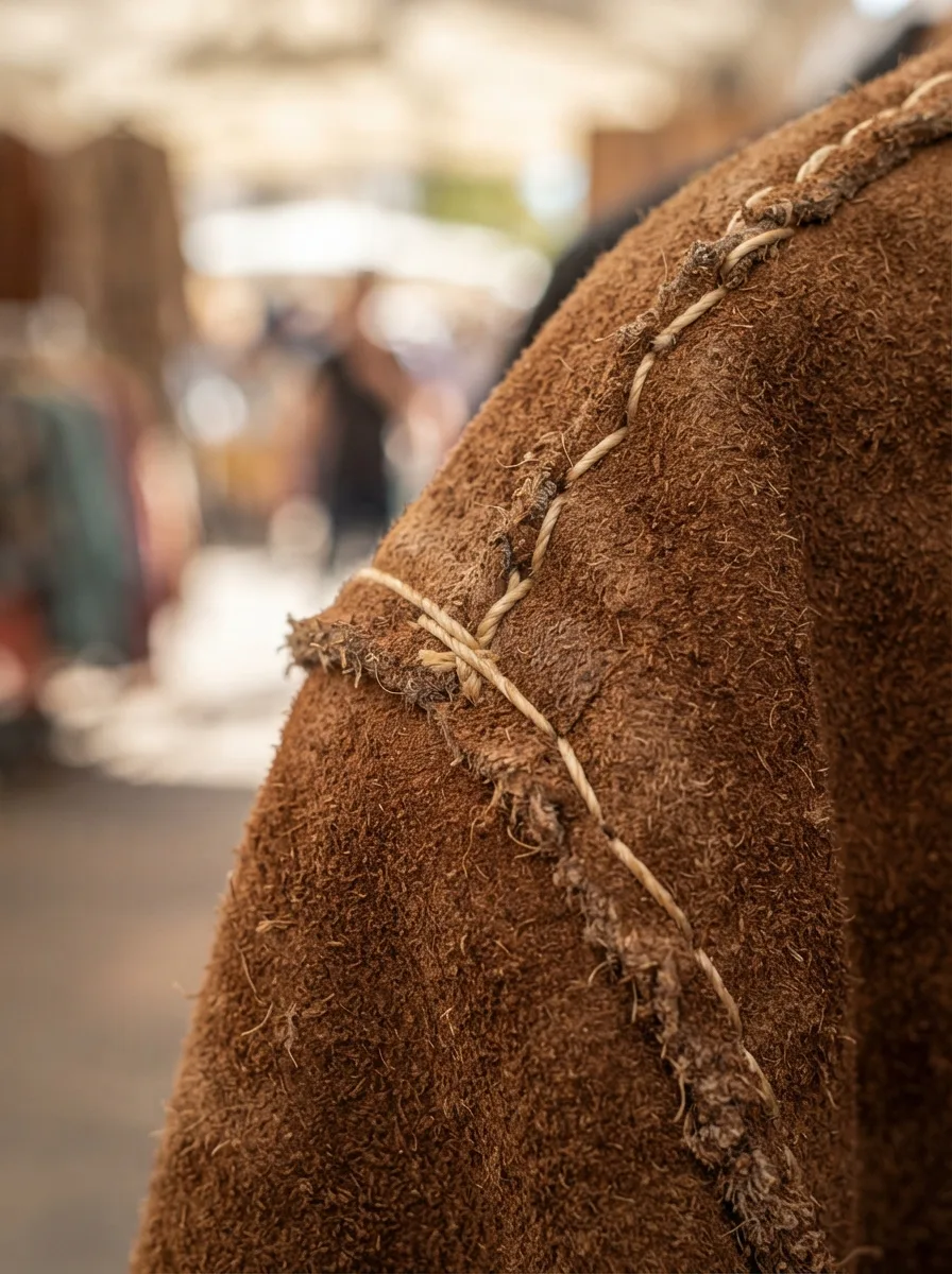 Macro close-up of a rope-stitched suede jacket seam catching warm light at a market