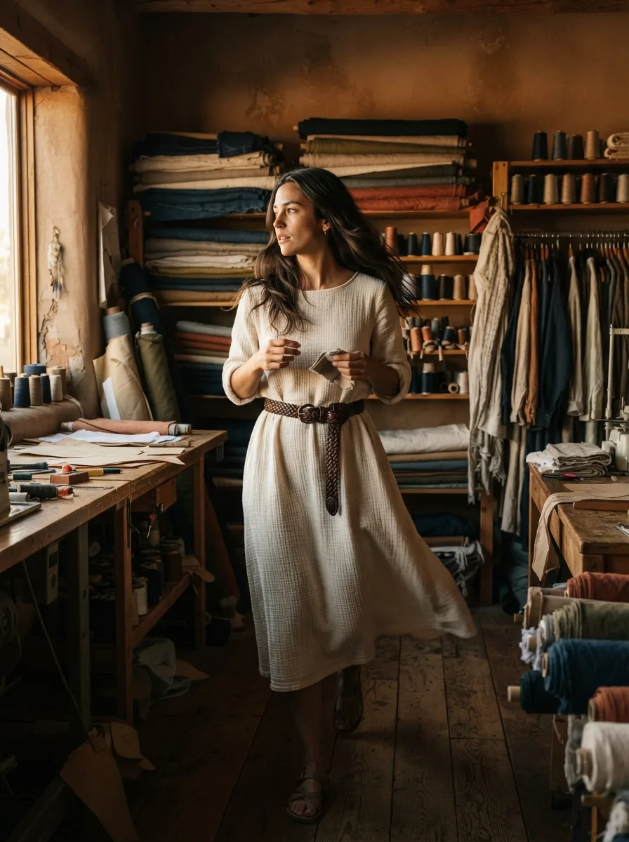 Woman in a cream textured dress wearing a tooled leather belt, standing in a sunlit tailor studio surrounded by fabric bolts