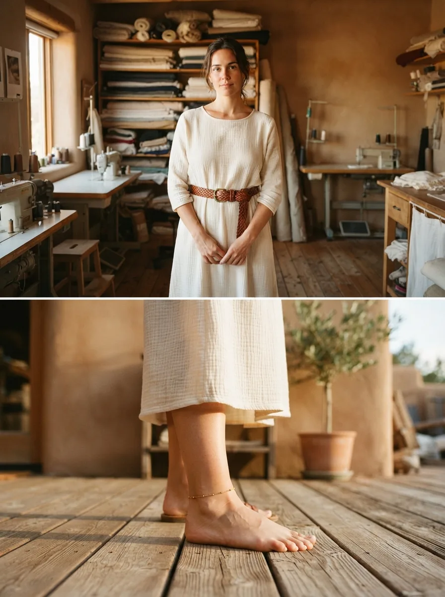 Close-up of bare feet and a delicate gold anklet on a wooden deck beside a potted olive tree